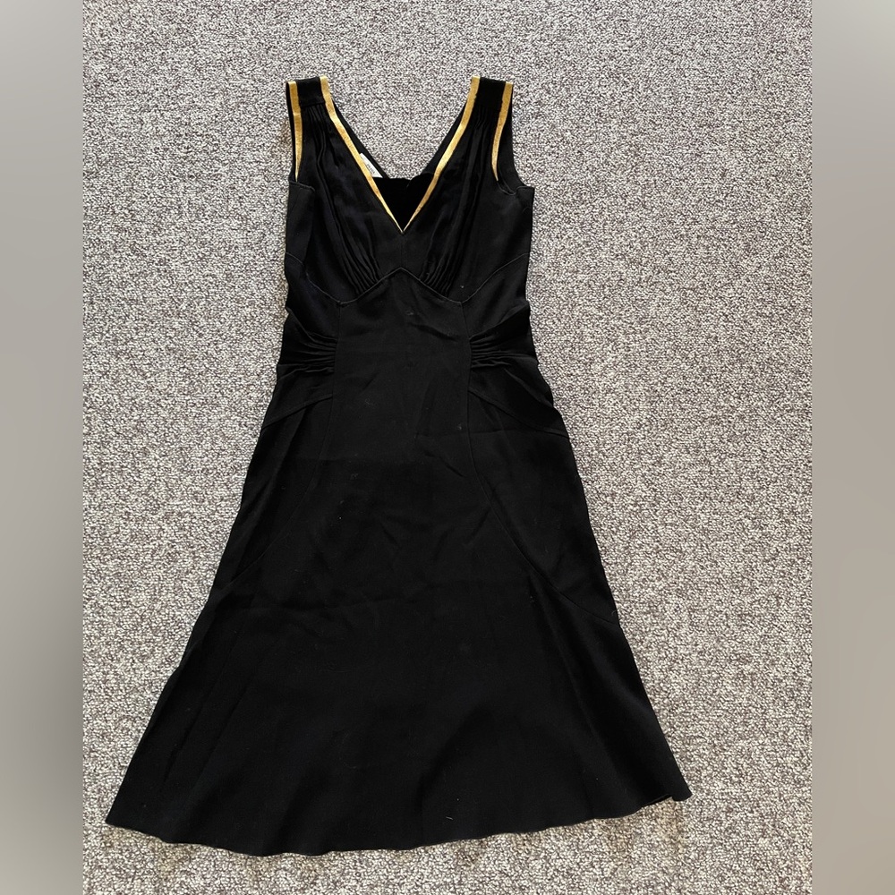 Prada Italy V-Neck Gold Trim Layered Fitted Dress Sz 40